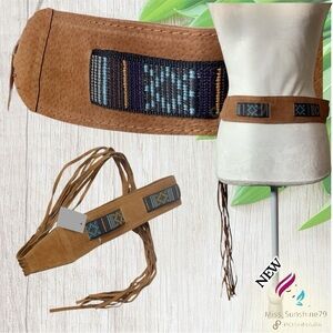 NEW - fringe boho belt faux suede ostrich texture - nylon contrast belt